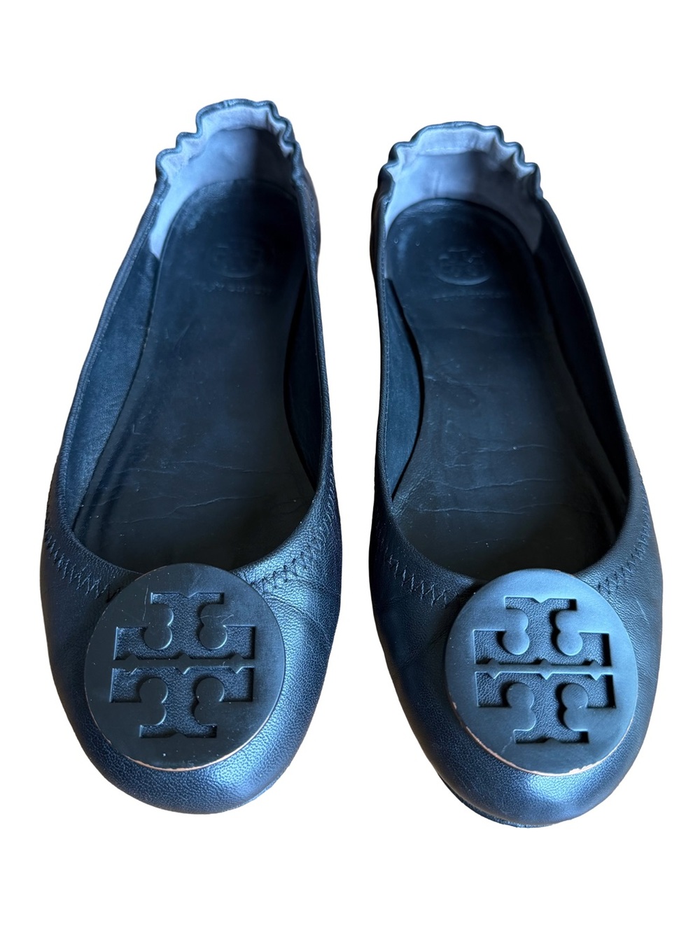 Tory Burch Minnie Travel Ballet Flats Black Leather Logo Size 7 - Picture 2 of 12